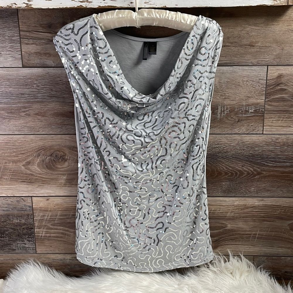 Nue Options Sequin Sleeveless Top Blouse, Gray and Silver, Size Medium
